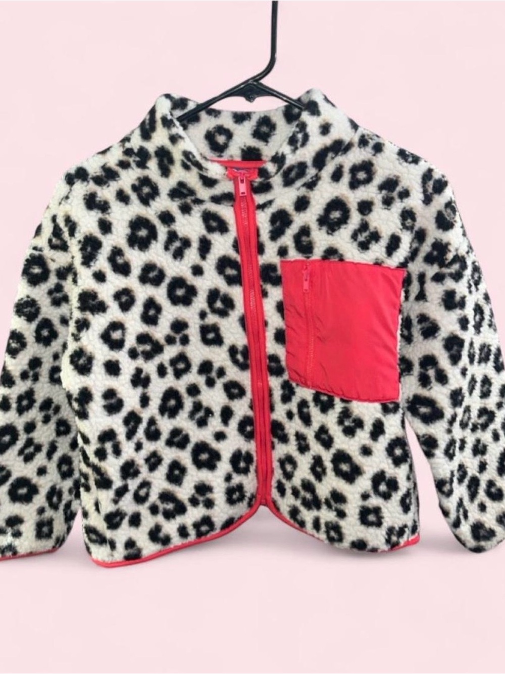 Old Navy Black & White Leopard Fleece Jacket with Red Trim